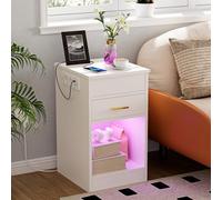 Ztexkee Mesita de Noche con Enchufe y Tira de luz LED, Mesitas de Noche Mesa Auxiliar con 1 cajones y Compartimento de Almacenamiento Secreto para Dormitorio Sala de Estar, Blanco