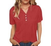 ZTFYKLIN Blusa Mujer Women's Short Sleeve Cotton Linen Blouses Led Top T Shirt Solid Color Comfy Tops 2025 Spring Casual (Red, XXL) Ropa Fiesta Camiseta Negra Morado Japonesa Blusas Y De Blazer