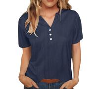 ZTFYKLIN Blusa Mujer Women's Short Sleeve Cotton Linen Blouses Led Top T Shirt Solid Color Comfy Tops 2025 Spring Casual (Navy, S) Blusas Fiesta Ropa Elegante Camisa Terciopelo Camiseta Manga