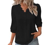 ZTFYKLIN Camisa Mujer Women Summer Lace V Neck Plain Elegant Shirt Fashion Solid Color Blouse 3/4 Length Sleeve Plus Size Scrub Tops (Black, XXXXXL) Blusa Manga Larga Winter Clothes For De Lino