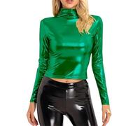 ZTFYKLIN Camiseta Mujer Women's Metallic Liquid Mock Neck Turtleneck Crop Top Long Sleeve/Sleeveless Tank T Shirt (Green, XL) Blusas Blusones Blusa Manga Larga Algodon Blanca Tunic Interior