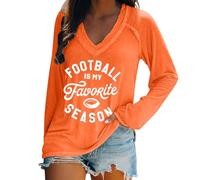 ZTFYKLIN Camisetas Manga Larga Mujer Football Is My Favourite Season Shirt Camiseta De para Amantes del Fútbol con Cuello En V (Orange, S) Interiores Camisa Roja Blusas Invierno Top Fiesta