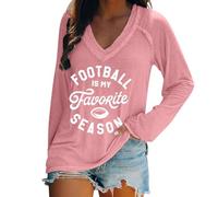 ZTFYKLIN Camisetas Manga Larga Mujer Football Is My Favourite Season Shirt Camiseta De para Amantes del Fútbol con Cuello En V (Pink, XXL) Camisa Roja Camisas Elegantes Basicas Tunica Azul