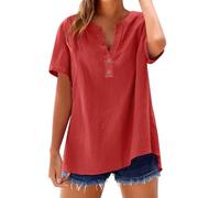 ZTFYKLIN Camisetas Manga Larga Mujer Women's Fashion Casual V Neck Down Short Sleeve Top T Shirt (Red, XL) Fiesta Ropa De Deporte para Blusas Otoño Blusa Plateada Talla Grande Camiseta Algodón