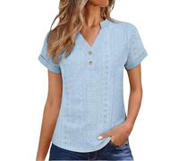 ZTFYKLIN Camisetas Manga Larga Mujer Women's Tops Eyelet Embroidery Summer Spring Fashion Clothes Going out 2024 Casual Short Sleeve Shirts T (Light Blue, XXXXXL) Camiseta Algodon Camisa