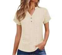 ZTFYKLIN Camisetas Manga Larga Mujer Women's Tops Eyelet Embroidery Summer Spring Fashion Clothes Going out 2024 Casual Short Sleeve Shirts T (Light Yellow, XXXL) Camisas Elegantes Blusas Top