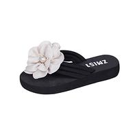 ZTFYKLIN Chanclas De Mujer Gruesa con Punta Abierta Decorativa Perlas Y Flores Ante Color Sólido A La para (Beige, 37) Sandalias Ortopedicas Verano Agua Huaraches Hawaianas Fascitis Plantar