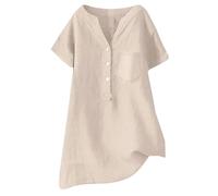 ZTFYKLIN Top Fiesta Mujer Linen Blouse Summer Beach Short Sleeve V Neck Down Casual Loose Shirt 2025 (Beige, XL) Blusa Manga Larga Elásticos para Camisas De Lino Camisa Corta Talla Grande Verano