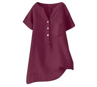 ZTFYKLIN Top Fiesta Mujer Linen Blouse Summer Beach Short Sleeve V Neck Down Casual Loose Shirt 2025 (Wine, L) Camisas De Chaleco Marron Cuello Camisa Lino Blusa Satinada Túnica Blanca Camisetas
