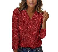 ZTFYKLIN Top Fiesta Mujer Sequin Tops For Women Casual Elegant Glitter Sparkly V Neck Night Long Sleeve Pullover tee Shirts 2024 (Red, XL) Blusa Elegante Ropa Nochevieja Camiseta Vestir Body