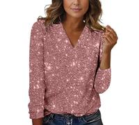 ZTFYKLIN Top Fiesta Mujer Sequin Tops For Women Casual Elegant Glitter Sparkly V Neck Night Long Sleeve Pullover tee Shirts 2024 (Pink, M) Camisas De Ropa Manga Larga Camisetas Interior Blusas
