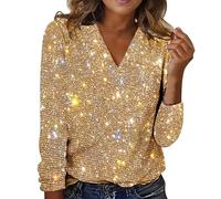 ZTFYKLIN Top Fiesta Mujer Sequin Tops For Women Casual Elegant Glitter Sparkly V Neck Night Long Sleeve Pullover tee Shirts 2024 (Yellow, S) Camisa Manga Larga Blusas De Camiseta Encaje Blanca