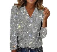ZTFYKLIN Top Fiesta Mujer Sequin Tops For Women Casual Elegant Glitter Sparkly V Neck Night Long Sleeve Pullover tee Shirts 2024 (Silver, XL) Ropa Elegante Camisa Blusas Invierno Navideña De