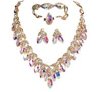 Zthread Juego de 4 joyas de cristal con diamantes de imitación, collar, aretes, pulsera, anillo, diseño floral, One Sine, Cristal, Cristal