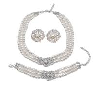 Zthread Juego de joyas de boda de perlas vintage, collar multicapa, aretes, pulsera para novia, elegantes accesorios de moda para mujer, 3-Piece, Cristal, Cristal