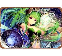ZTLLFV Cartel de metal con cuernos de pelo verde mágico, diseño de ojos morados Shingeki No Bahamut Rage Of Bahamut, letrero de metal para decoración de pared, letrero retro para decoración del hogar