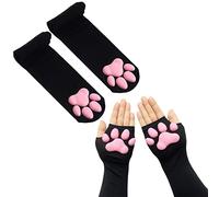 ztowoto Calcetines altos hasta el muslo, medias rosadas con garra de gatito en 3D, lindos calcetines con almohadilla de pata de gato para niñas, mujeres, gato, Cosplay (Negro-2)