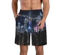 ZTPOWQA Aerial Night of View Hong Kong Print Summer Men Beach Shorts Swim Trunks Travel Vacation Swimwear Lightweight Stretch, Blanco, XX-Large Short