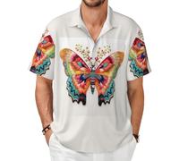 ZTPOWQA Camisas de manga corta para hombre, bordadas, con estampado de mariposas coloridas, suaves, cómodas, para verano, uso casual, viajes, oficina, uso diario, Negro, 7XL