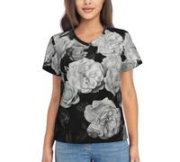 ZTPOWQA Camisetas de verano para mujer, con estampado de rosas blancas y negras, informales, pero elegantes, de poliéster, Negro, 3XL