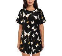 ZTPOWQA Conjunto de pijama de manga corta con estampado de mariposas blancas y doradas para mujer, ropa de dormir de verano, ropa de dormir casual para el hogar, Negro, S