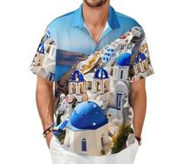 ZTPOWQA Santorini - Camisa de manga corta para hombre, diseño de isla griega, con estampado de vista al mar, suave, cómoda, para verano, uso casual, viajes, oficina, uso diario, Negro, L