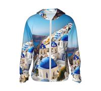 ZTPOWQA Santorini - Sudadera con capucha para hombre, diseño de isla griega, con estampado de vista al mar, ligera, transpirable, protección solar, para correr al aire libre, Negro, 3XL