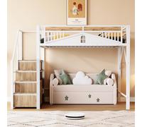 Zubaliya - Cama entrepiso infantil de metal, 140 x 200 cm, altavoz de seguridad único con ventana, litera con escalera de almacenamiento, marco de cama entrepiso de 1 plaza (A-blanco, 140 x 200)