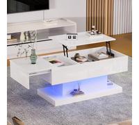 Zubaliya - Mesa baja elevable de alta luminosidad, mesa baja LED, 100 x 50 x 45 cm, bandeja elevable hidráulica y diseño deslizante lateral, con espacio de almacenamiento, color blanco