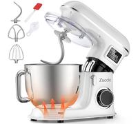 Zuccie Batidora Amasadora 1500W 8L Amasadora Reposteria 6 Velocidades Robot de Cocina Pantalla LCD & función de fermentación con Amasador, Batidor, Varillas y Protección para Salpicaduras (Blanco)