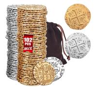 ZUCOS Accesorios de monedas piratas, juego de monedas doradas, doblones decorativos de metal para juegos de mesa DND, cosplay, imitación realista de dinero medieval, tesoro pirata (oro y plata, 102