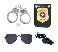 ZUCOS Disfraz de policía para niños, adultos, esposas de policía, gafas de sol, insignia, para niños, niñas, carnaval, detective, disfraz de Halloween (C, M)