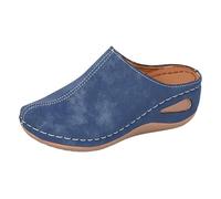 Zuecos Y Mulas Para Las Mujeres Cerrados Toes Slippers Mujer Cuero Verano Mule Slip-On Pantuflas Antideslizante Zapatillas De Piel Aspecto Sandalias De Playa Arco Soporte Sandalias De Verano, azul, 40