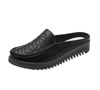 Zuecos y pantuflas Mujer Tacón Cuña Medias Pantuflas Bordado Floral Mules Zapatos de Cuero Hechos a Mano Suela Suave Zapatos de Vela Slip On Pantuflas Casual Mocasines al aire libre, Negro , 41 EU
