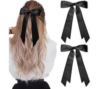 ZUFIO 2 lazos de satén sedoso para el cabello, cinta para el pelo, accesorios para coleta, clips de metal, lazos para mujeres, niñas, niños pequeños, adolescentes y niños (negro + negro, S)