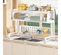 ZUGIATP Escurridor De Platos Grande De Tres Niveles con Longitud Ajustable: 59-84 Cm/23-33 Pulgadas Escurridor De Platos sobre El Fregadero(White Full Set)