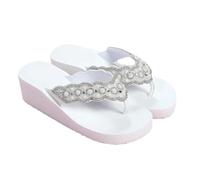 ZUGLQYSX Women Beach Flip Flops Summer Wedges Shoes Bling Rhinestone Soft EVA Girls Home Street Slippers Mid-heel Sandals(White,37)