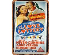 Zuhhgii Cartel retro de hojalata con texto en inglés "The Love Lotery" (El amor lotería), póster de película de David Niven Peggy Cummins, retro de película antigua, póster de metal, letrero de TV