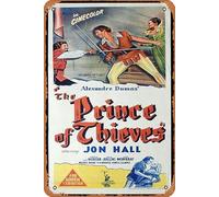 Zuhhgii Cartel retro de hojalata con texto en inglés "The Prince of Thieves", póster original de la película Jon Hall Robin Hood, retro de película antigua, póster de metal, letrero de TV, bar, cueva