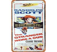 Zuhhgii Cartel retro de hojalata con texto en inglés "The Stranger Were A Gun", póster de película Randolph Scott, retro de película antigua, cartel de metal, letrero de TV, bar, cueva, decoración de