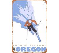 Zuhhgii Hoodoo - Cartel de metal con diseño de cuenco de esquí, Oregon, esquiador estilizado, decoración de pared de arte vintage, 12 x 8 pulgadas