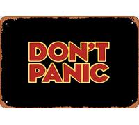 Zuhhgii Letrero de estaño retro con texto en inglés "Hitchhiker Galaxy Don't Panic", vintage, divertido, novedoso, letrero de metal, cueva de hombre, letreros humorísticos, películas, música, bar