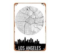 Zuhhgii Letrero de estaño vintage con el horizonte de Los Ángeles, mapa de Los Ángeles, arte de La Skyline, mapa de La Ciudad, Los Ángeles CA, California, póster decorativo para pared, póster de metal