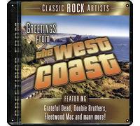 Zuhhgii Letrero de metal con texto en inglés "Greetings From The West Coast" para decoración de pared con música rock vintage, letrero de estaño para gimnasio, piscina, bar, baño, garaje, pub, póster
