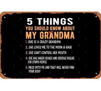 Zuhhgii Letrero retro de hojalata con texto en inglés "5 Things You Should Know About My Grandma She Is A Crazy Grandma" - Letreros de metal divertidos para hombre, cueva, letreros humorísticos