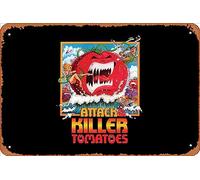 Zuhhgii Letrero retro de hojalata con texto en inglés "Attack of the Killer Tomates", vintage, divertido, novedoso, letrero de metal, cueva de hombre, letreros humorísticos, películas, música, bar