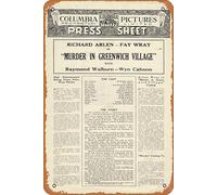 Zuhhgii Murder In Greenwich Village 1937 - Póster de película vintage de estaño, retro de película antigua, póster de metal, letrero de TV, bar, karaoke, cueva, hombre, decoración de pared, 8 x 12