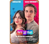 Zuhhgii Póster de película He's All That (Addison Rae, Tanner Buchanan) Cartel de estaño para cine, cine, cine y teatro, 8 x 12 pulgadas, letrero de metal vintage para decoración del hogar, bar, pub