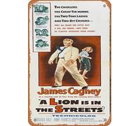 Zuhhgii Póster de película retro con texto en inglés "A Lion Is in the Streets" (Un león está en las calles), letrero de estaño para cafetería, restaurante, hogar, club, restaurante, hombre, cueva