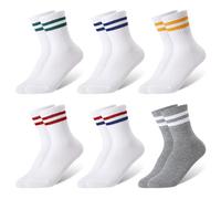 Zuimei 6/8 pares de calcetines para niños, calcetines deportivos de algodón para la escuela, a rayas, calcetines atléticos, calcetines elásticos casuales para niñas y niños, Rayas blancas, rayas
